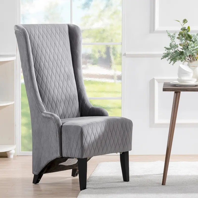 Fauteuil d'appoint en velours capitonné avec haut dossier à oreilles et pieds en bois