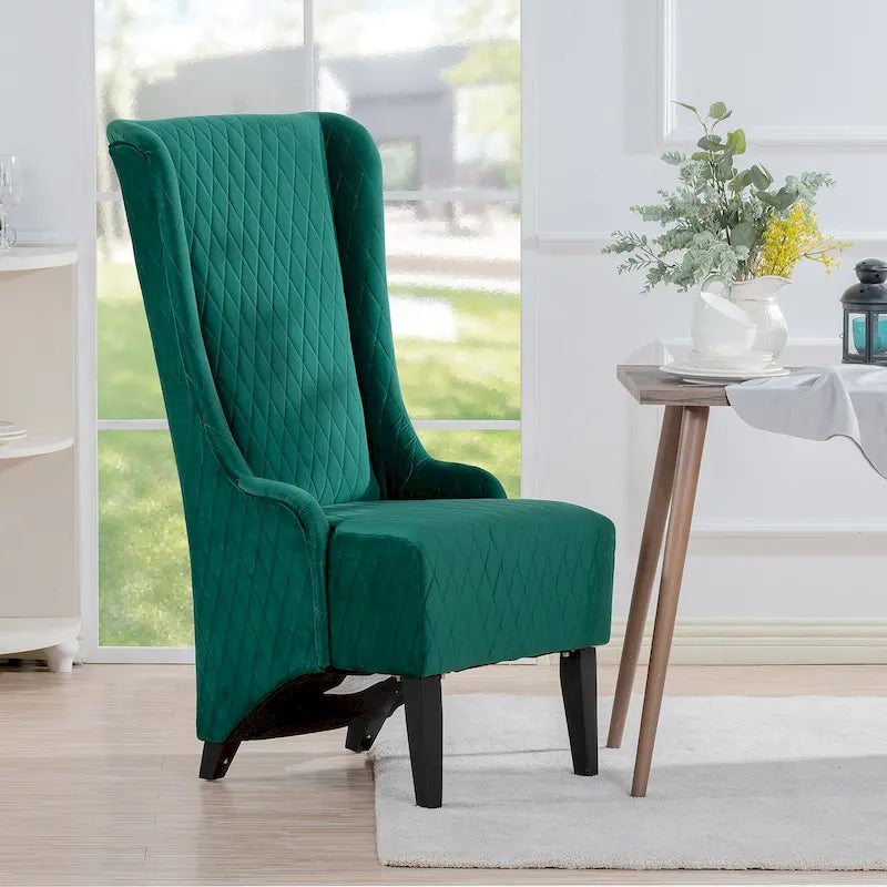 Fauteuil d'appoint en velours capitonné avec haut dossier à oreilles et pieds en bois