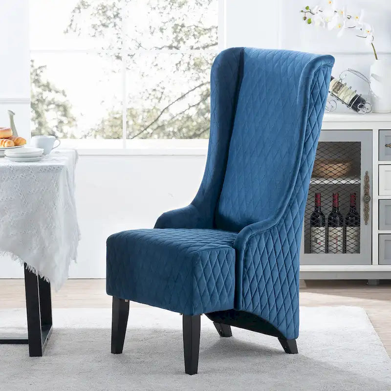 Fauteuil d'appoint en velours capitonné avec haut dossier à oreilles et pieds en bois