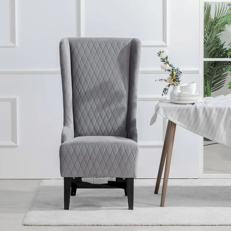 Fauteuil d'appoint en velours capitonné avec haut dossier à oreilles et pieds en bois