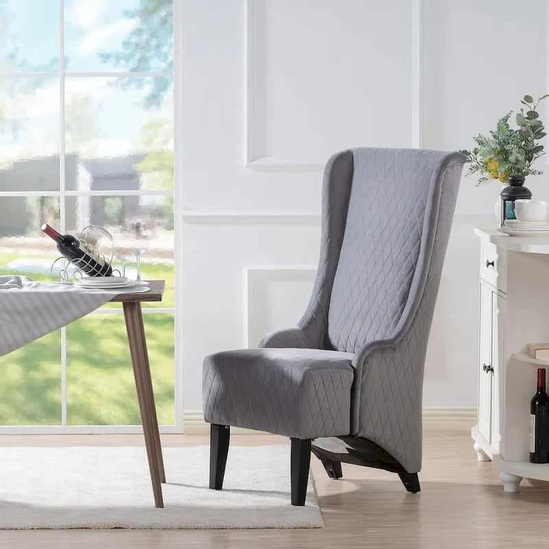 Fauteuil d'appoint en velours capitonné avec haut dossier à oreilles et pieds en bois