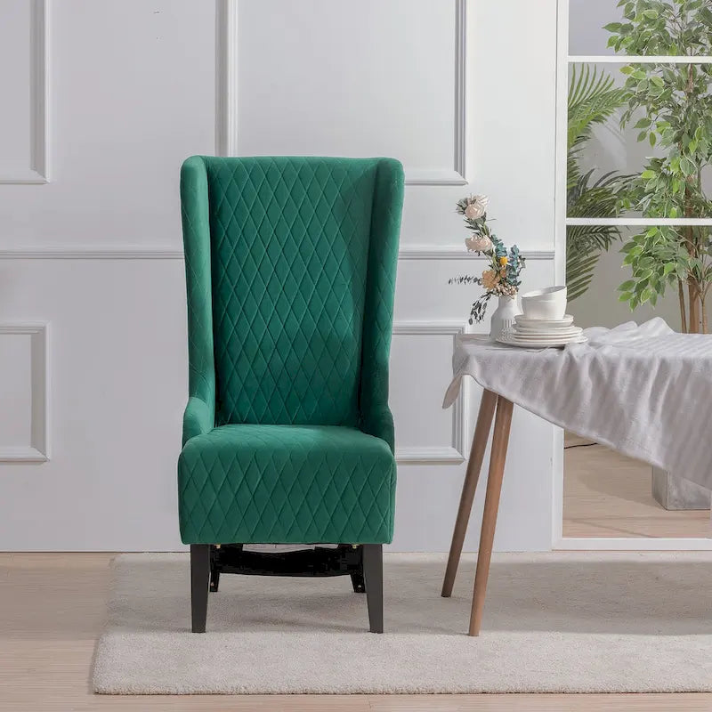 Fauteuil d'appoint en velours capitonné avec haut dossier à oreilles et pieds en bois