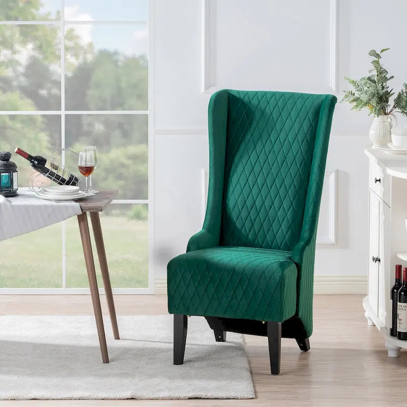 Fauteuil d'appoint en velours capitonné avec haut dossier à oreilles et pieds en bois