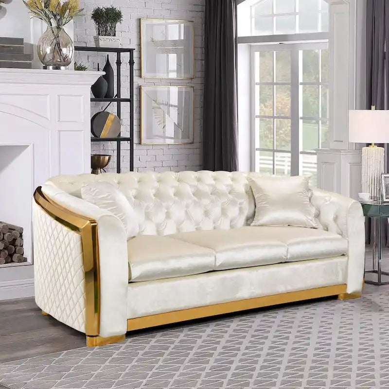 Canapé de luxe Chesterfield en velours de 84 pouces avec garniture dorée