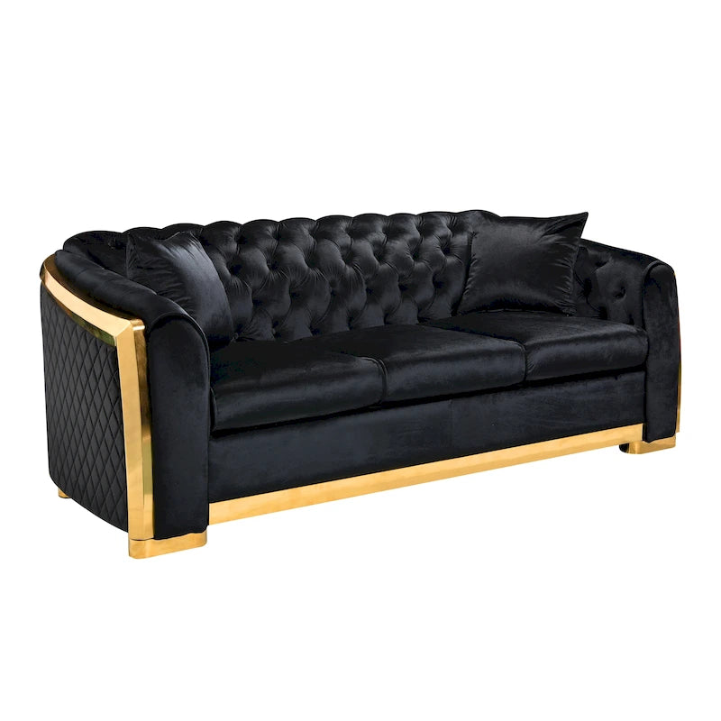 Canapé de luxe Chesterfield en velours de 84 pouces avec garniture dorée