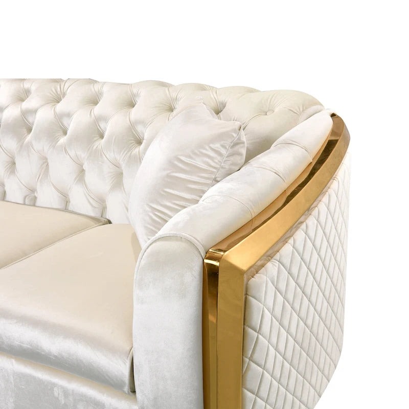 Canapé de luxe Chesterfield en velours de 84 pouces avec garniture dorée