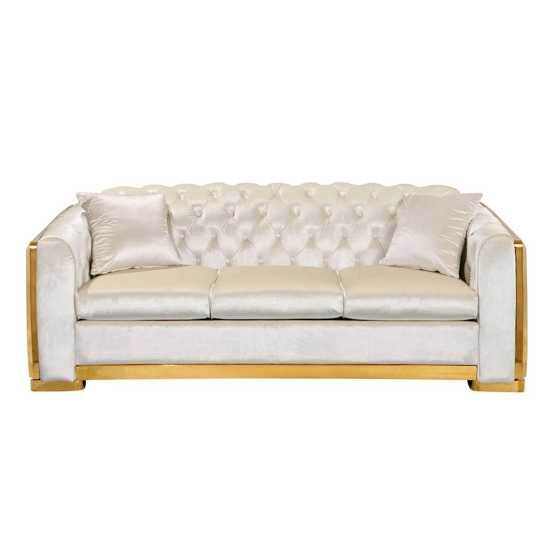Canapé de luxe Chesterfield en velours de 84 pouces avec garniture dorée