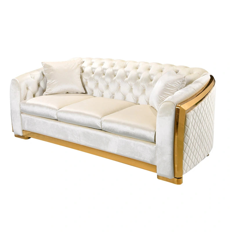 Canapé de luxe Chesterfield en velours de 84 pouces avec garniture dorée