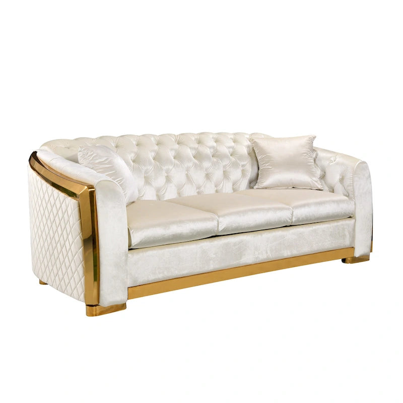 Canapé de luxe Chesterfield en velours de 84 pouces avec garniture dorée