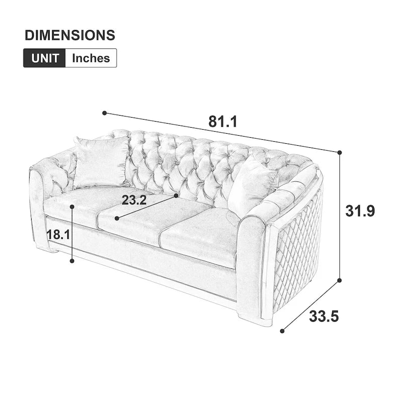 Canapé de luxe Chesterfield en velours de 84 pouces avec garniture dorée