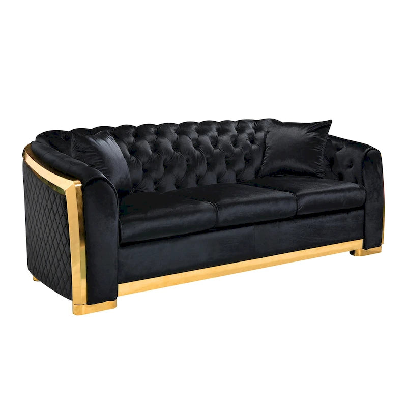 Canapé de luxe Chesterfield en velours de 84 pouces avec garniture dorée