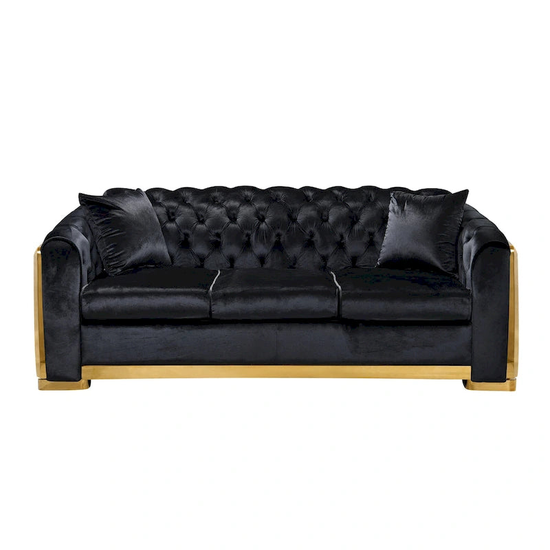 Canapé de luxe Chesterfield en velours de 84 pouces avec garniture dorée