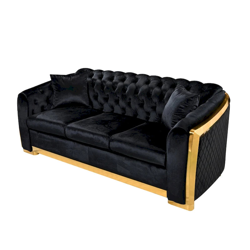 Canapé de luxe Chesterfield en velours de 84 pouces avec garniture dorée