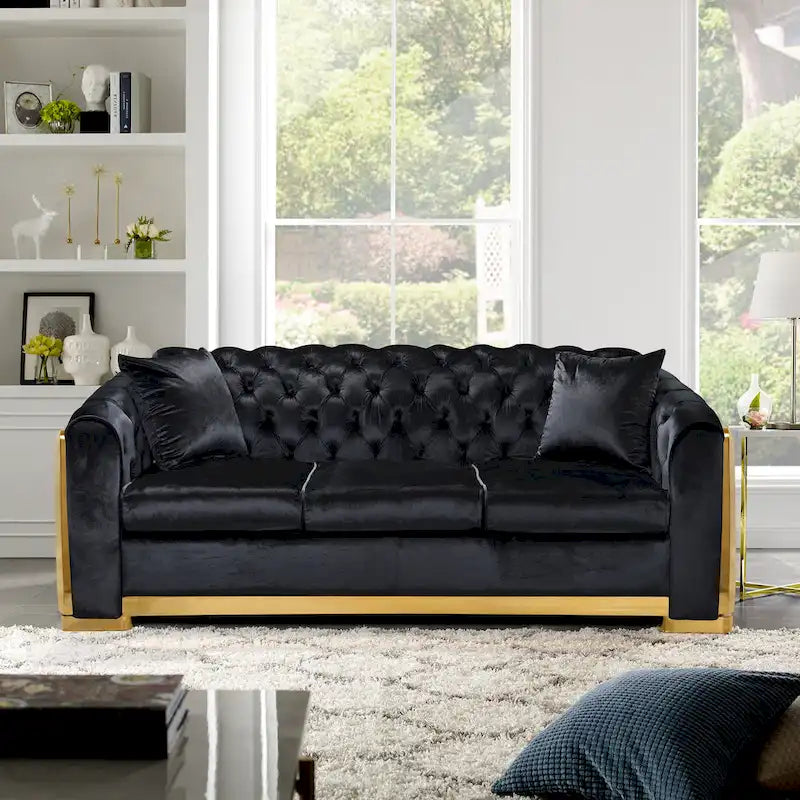 Canapé de luxe Chesterfield en velours de 84 pouces avec garniture dorée