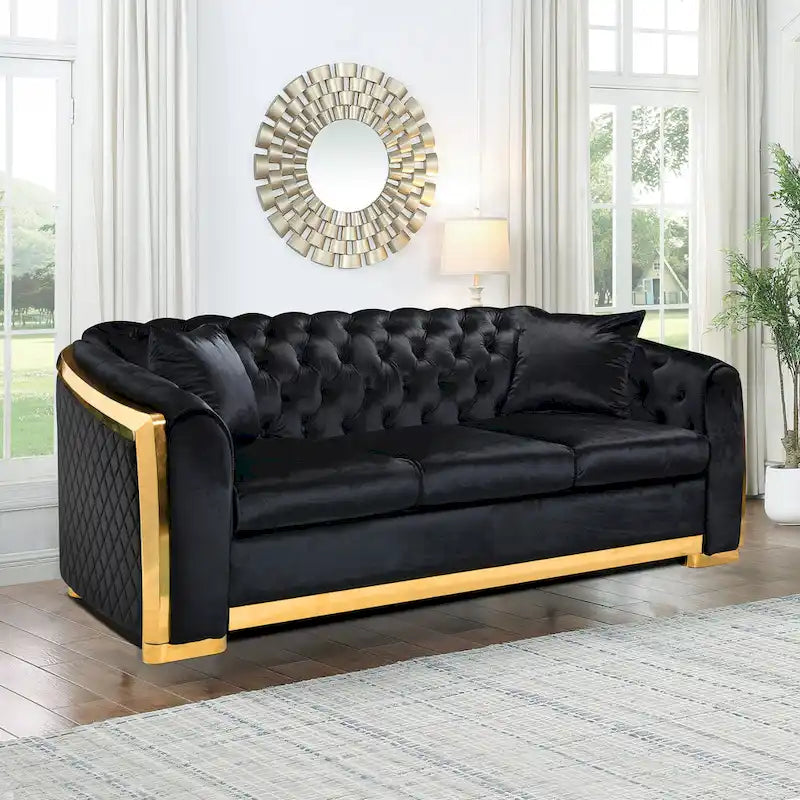 Canapé de luxe Chesterfield en velours de 84 pouces avec garniture dorée