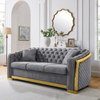 Canapé de luxe Chesterfield en velours de 84 pouces avec garniture dorée