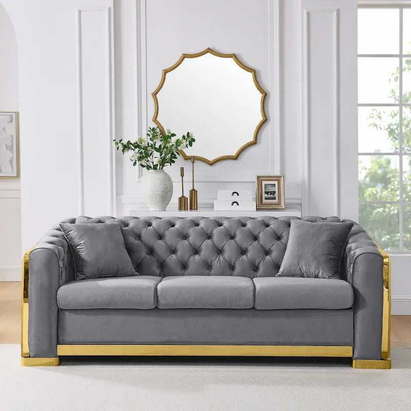Canapé de luxe Chesterfield en velours de 84 pouces avec garniture dorée