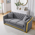 Canapé de luxe Chesterfield en velours de 84 pouces avec garniture dorée