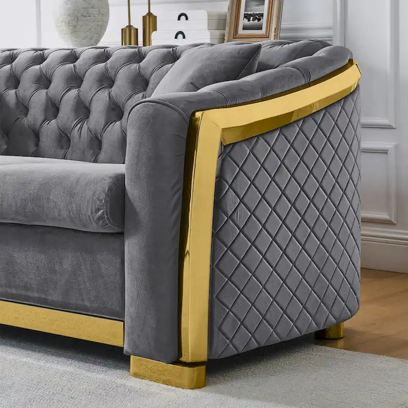 Canapé de luxe Chesterfield en velours de 84 pouces avec garniture dorée