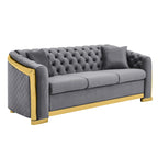 Canapé de luxe Chesterfield en velours de 84 pouces avec garniture dorée