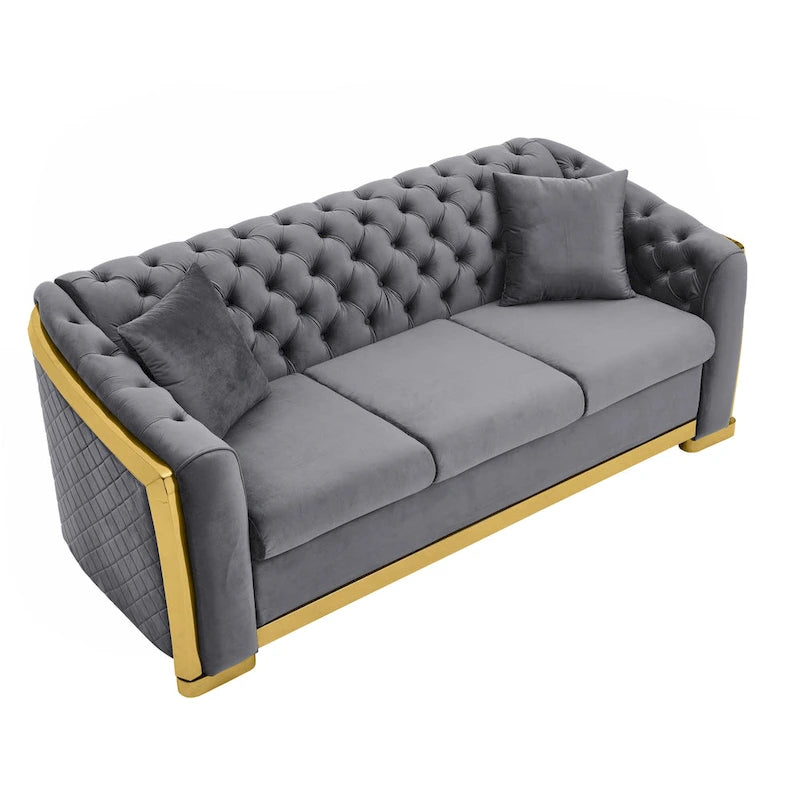 Canapé de luxe Chesterfield en velours de 84 pouces avec garniture dorée