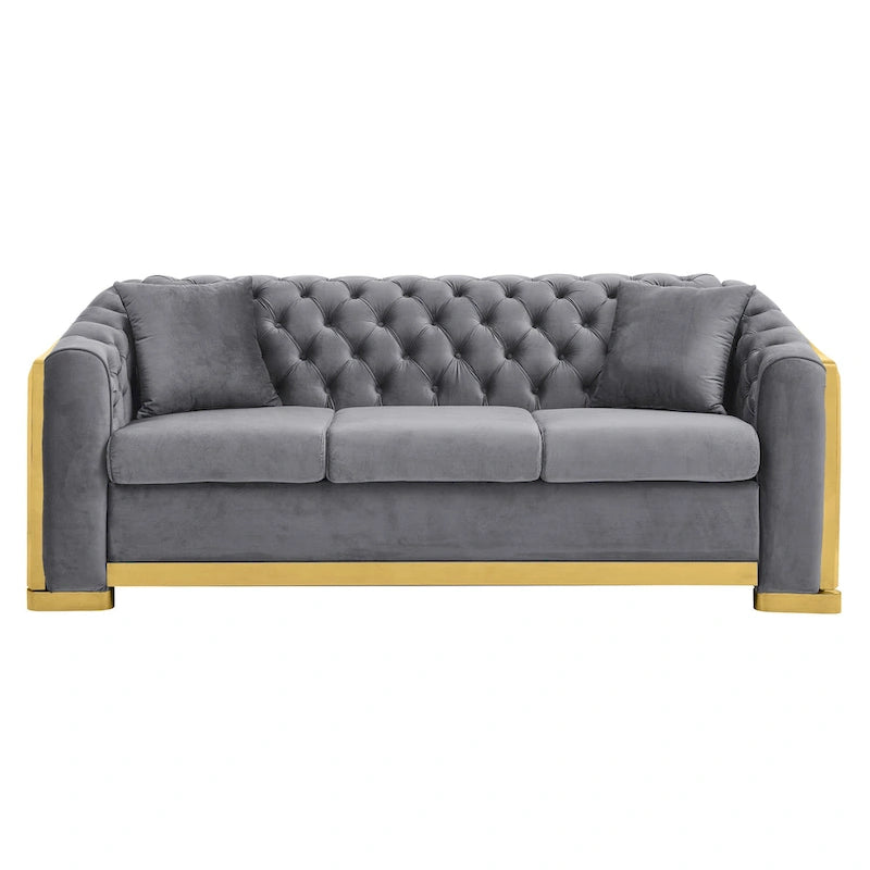 Canapé de luxe Chesterfield en velours de 84 pouces avec garniture dorée