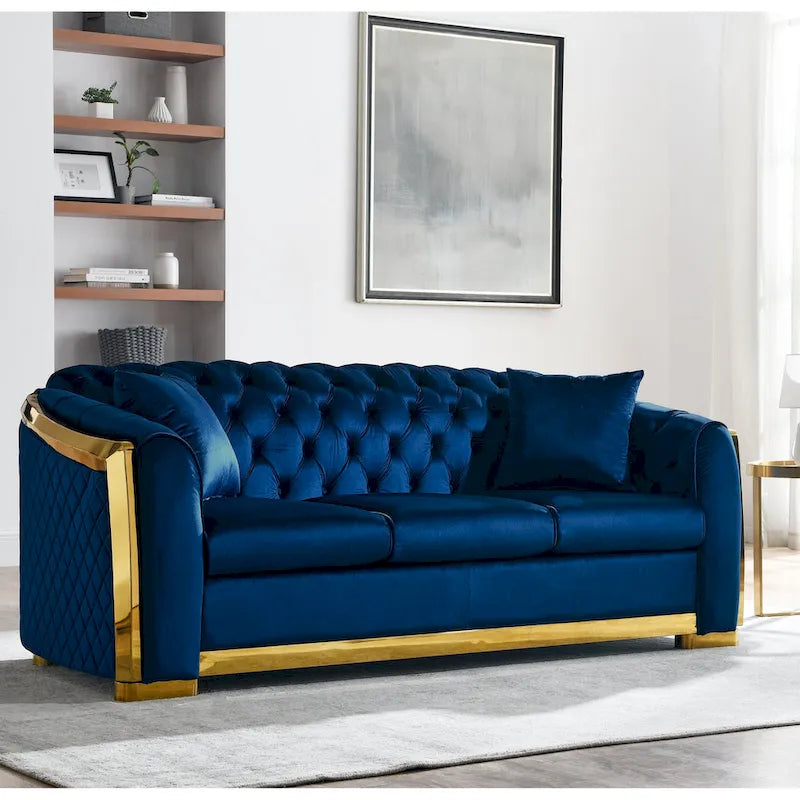 Canapé de luxe Chesterfield en velours de 84 pouces avec garniture dorée