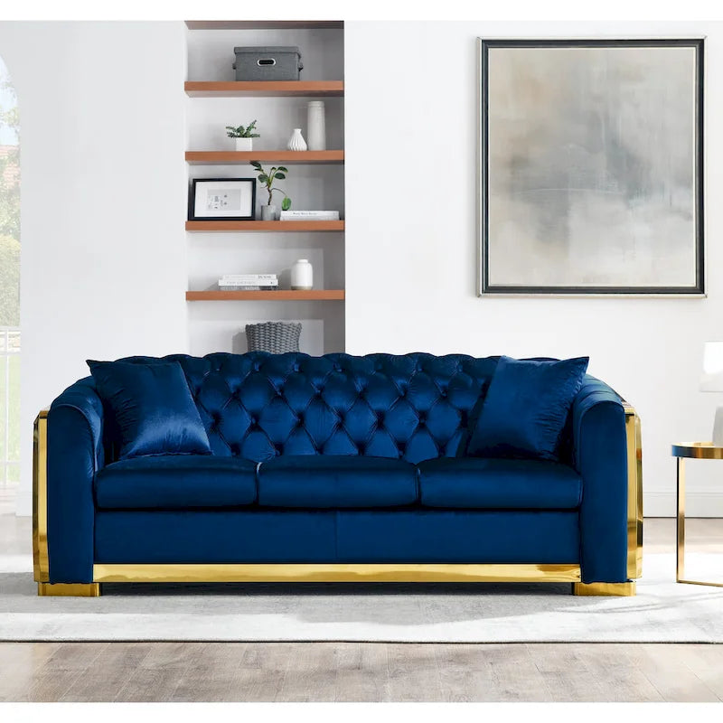 Canapé de luxe Chesterfield en velours de 84 pouces avec garniture dorée