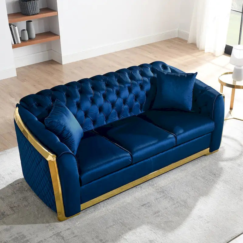 Canapé de luxe Chesterfield en velours de 84 pouces avec garniture dorée