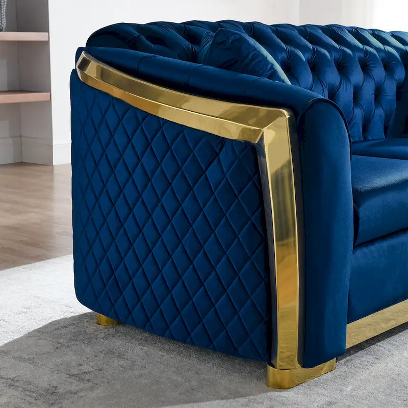 Canapé de luxe Chesterfield en velours de 84 pouces avec garniture dorée