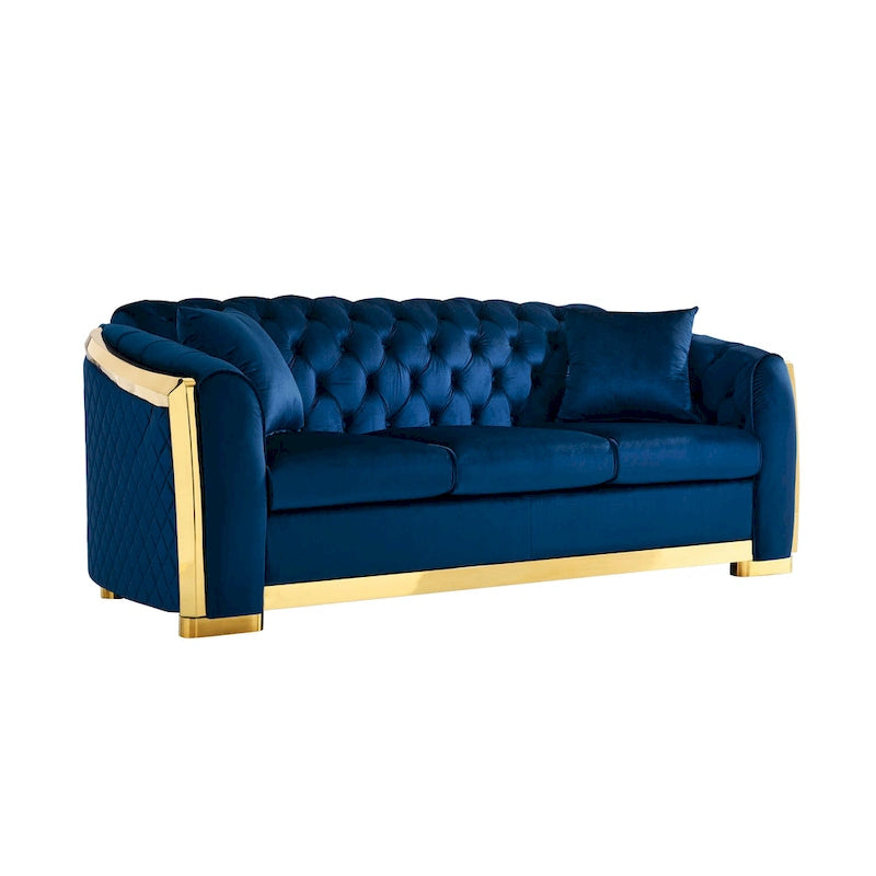 Canapé de luxe Chesterfield en velours de 84 pouces avec garniture dorée