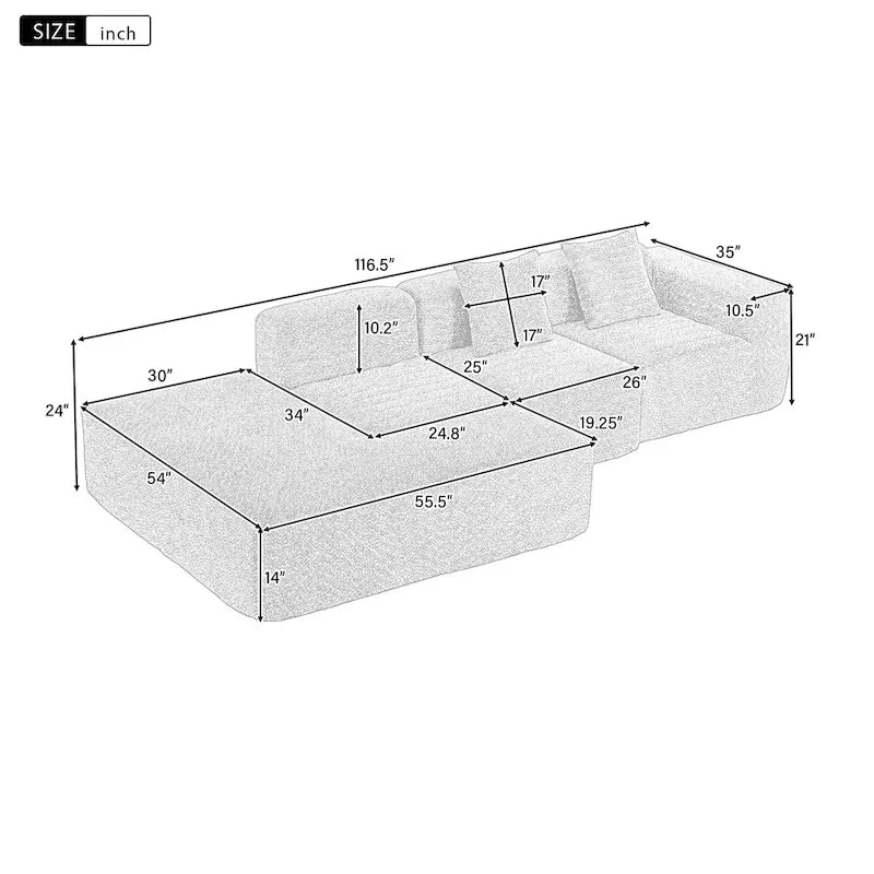 116.5 Canapé d'angle entièrement compressé Canapé modulable pour salon, gris