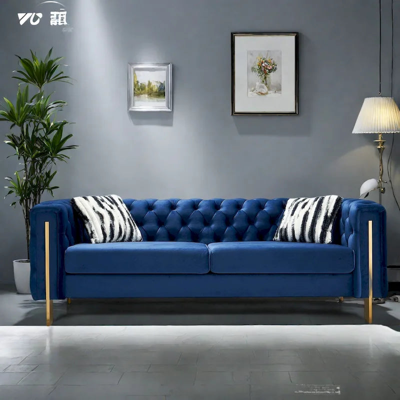 84,25 Canapé 3 places en velours avec capitonnage, pieds en métal doré, ressorts ensachés et coussin en mousse, capacité de 317 kg