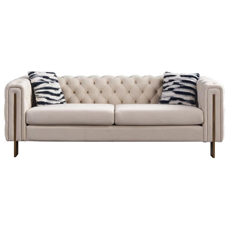 84,25 Canapé 3 places en velours avec capitonnage, pieds en métal doré, ressorts ensachés et coussin en mousse, capacité de 317 kg