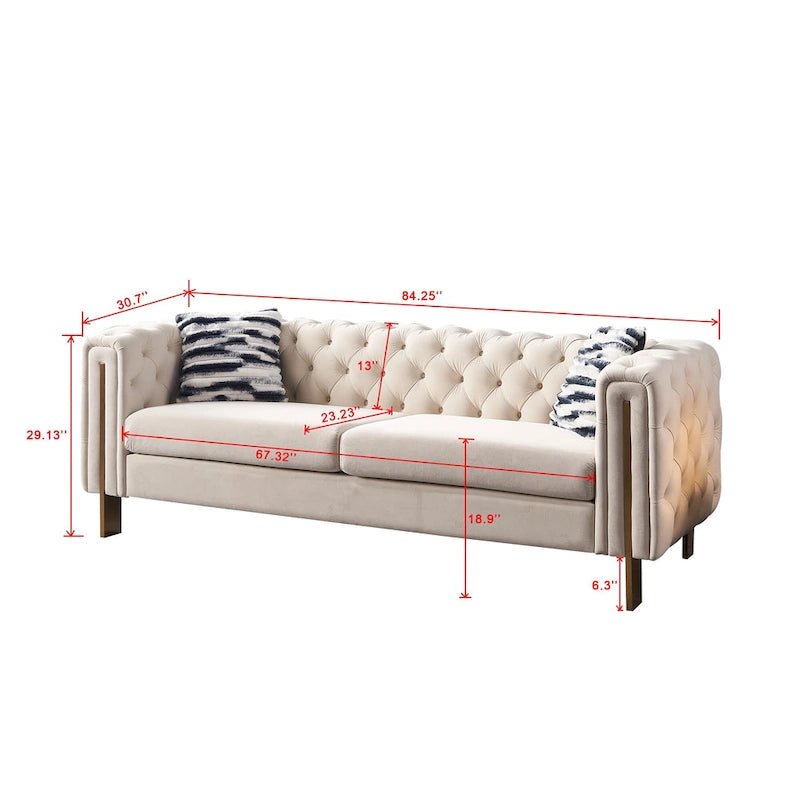 84,25 Canapé 3 places en velours avec capitonnage, pieds en métal doré, ressorts ensachés et coussin en mousse, capacité de 317 kg