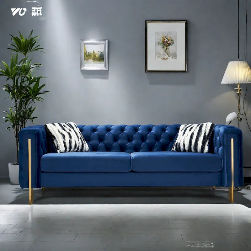 84,25 Canapé 3 places en velours avec capitonnage, pieds en métal doré, ressorts ensachés et coussin en mousse, capacité de 317 kg