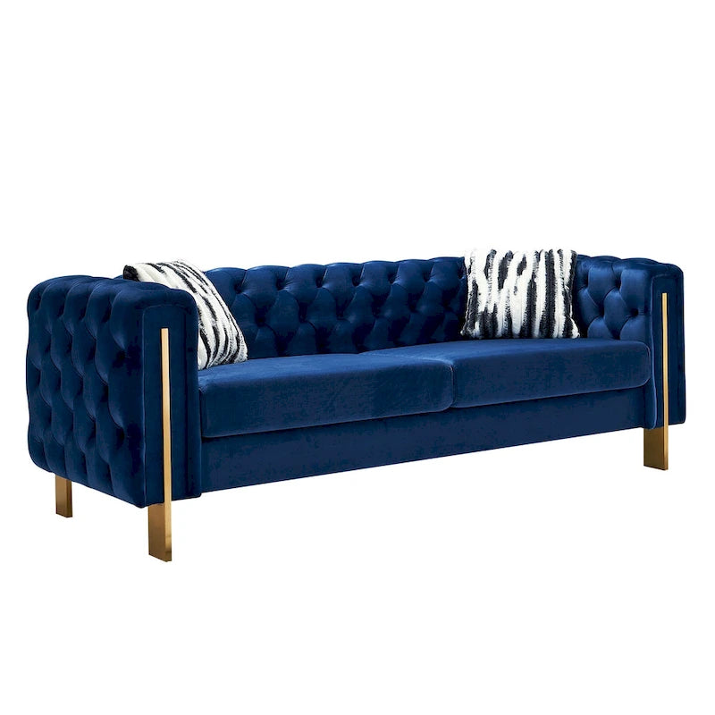 84,25 Canapé 3 places en velours avec capitonnage, pieds en métal doré, ressorts ensachés et coussin en mousse, capacité de 317 kg