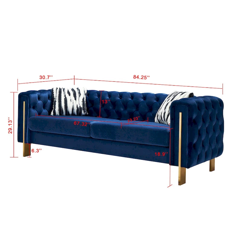 84,25 Canapé 3 places en velours avec capitonnage, pieds en métal doré, ressorts ensachés et coussin en mousse, capacité de 317 kg