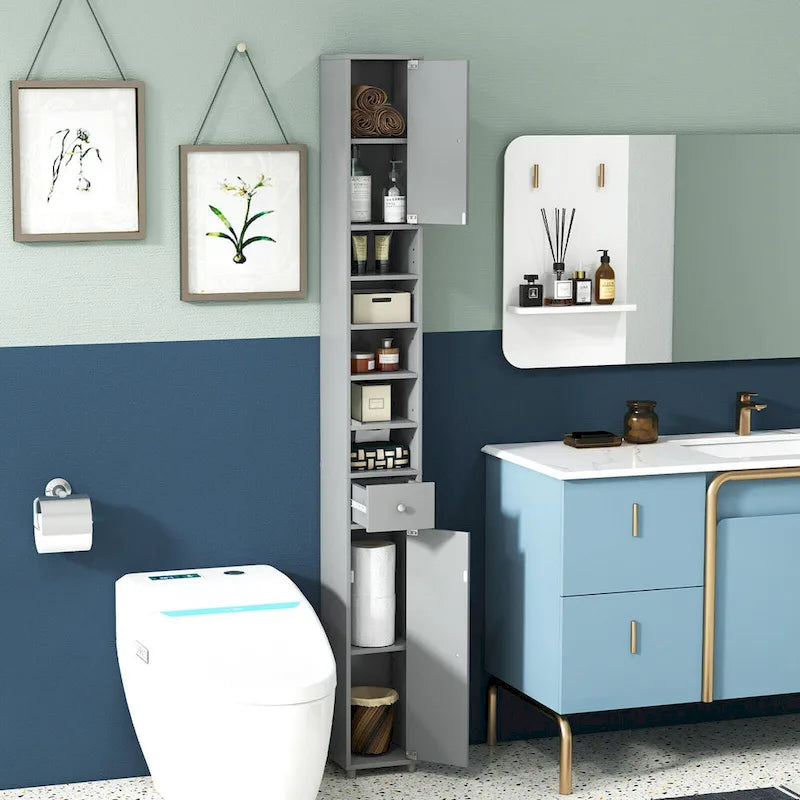 Meuble haut de rangement de salle de bain étroit et mince avec tiroir