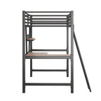 Lit mezzanine moderne avec bureau et étagère de rangement, cadre de lit mezzanine en métal robuste avec barrières de sécurité et échelle pour enfants et adolescents