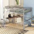 Lit mezzanine moderne avec bureau et étagère de rangement, cadre de lit mezzanine en métal robuste avec barrières de sécurité et échelle pour enfants et adolescents