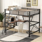 Lit mezzanine moderne avec bureau et étagère de rangement, cadre de lit mezzanine en métal robuste avec barrières de sécurité et échelle pour enfants et adolescents