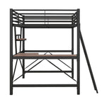 Lit mezzanine moderne avec bureau et étagère de rangement, cadre de lit mezzanine en métal robuste avec barrières de sécurité et échelle pour enfants et adolescents