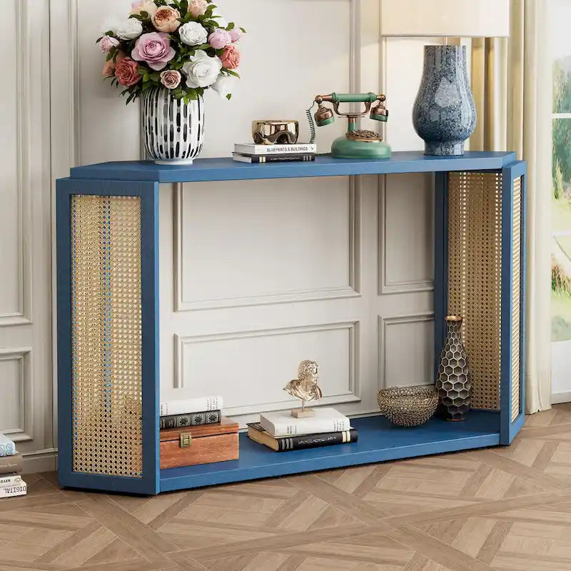 Console étroite avec étagère ouverte, motif flèche, en rotin, pour entrée, salon ou couloir.