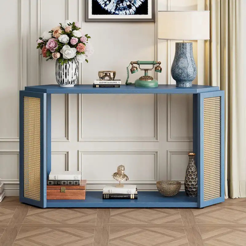 Console étroite avec étagère ouverte, motif flèche, en rotin, pour entrée, salon ou couloir.