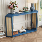 Console étroite avec étagère ouverte, motif flèche, en rotin, pour entrée, salon ou couloir.