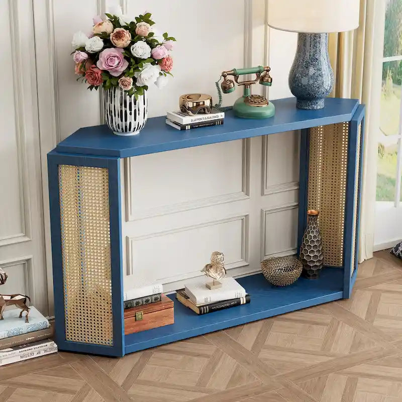 Console étroite avec étagère ouverte, motif flèche, en rotin, pour entrée, salon ou couloir.