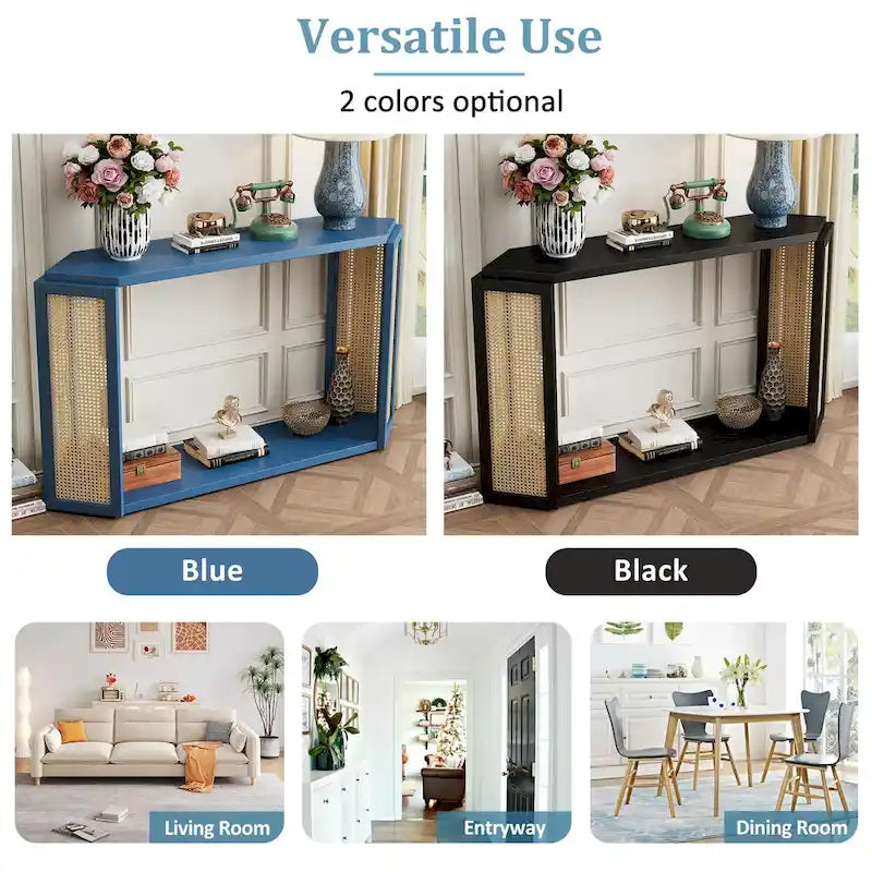 Console étroite avec étagère ouverte, motif flèche, en rotin, pour entrée, salon ou couloir.