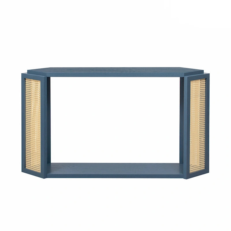 Console étroite avec étagère ouverte, motif flèche, en rotin, pour entrée, salon ou couloir.
