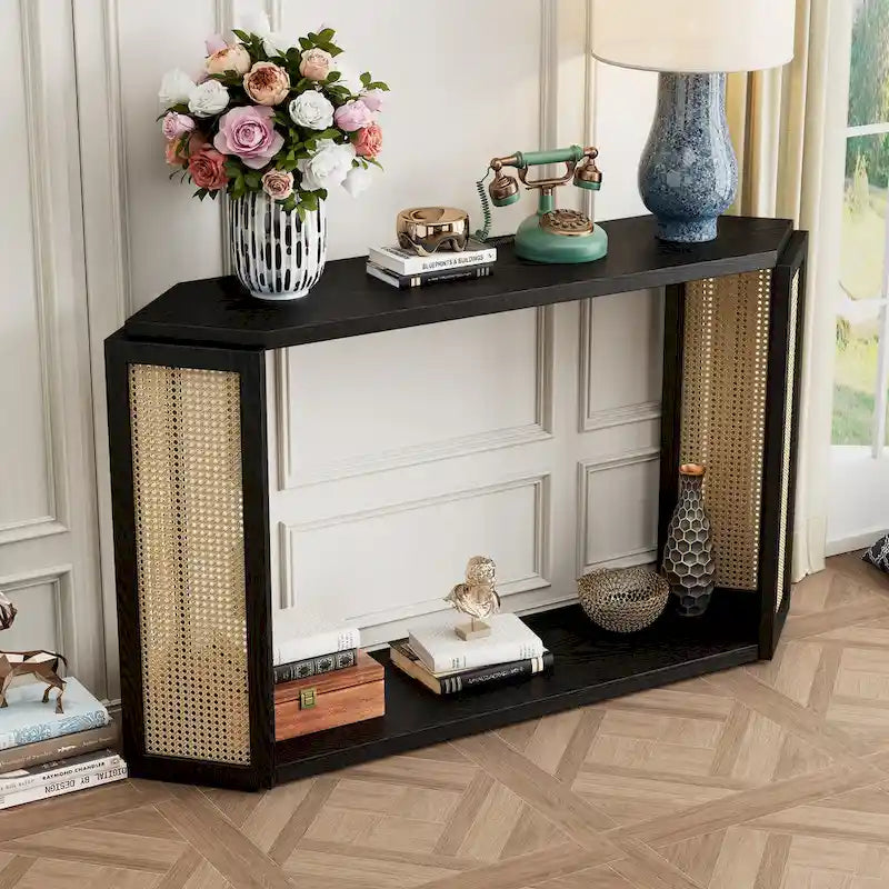 Console étroite avec étagère ouverte, motif flèche, en rotin, pour entrée, salon ou couloir.